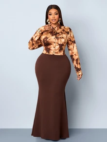SOLERSUN Plus Size Elegant Party Tie-Dye Print Patchwork Mermaid Dress - Coffee Brown - View 5