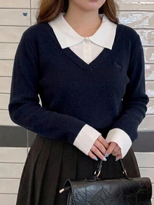 Dazy Plus College Style Color Block Patchwork Versatile Casual Spring/Autumn New Pullover Sweater - Navy Blue - View 5