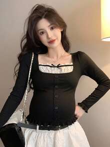 Dazy Maternity Patchwork Polka Dot Lace Bow Long Sleeve Square Neck Casual Daily Vacation Korean Style Spring Autumn Maternity T-Shirt - Black - View 4