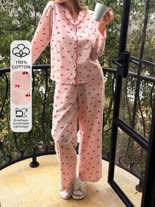 DAZY 青少年女孩秋季服飾 寬鬆舒適春秋居家休閒套裝 V領T恤與格紋直筒長褲 - 淺粉色 - 查看 4