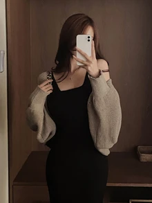DAZY Solid Color Loose Long Sleeve Cardigan & Fitted Long Tank Dress Elegant Vacation Autumn/Winter Sweater 2 Pieces Set For Women - Black - View 3