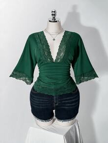 SHEIN ICON 女款大尺碼復古性感千禧風Y2K簡約休閒優雅通勤都市現代蕾絲P - 墨綠色 - 查看 8