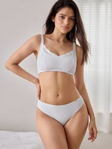 Ocili Women's 2pcs White Lace Patchwork Sexy Seamless Tank Bra Set, Push-Up Side-Smoothing Wire-Free Bra For Small Bust - White - View 4
