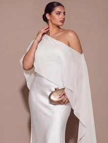 SHEIN BAE CURVE 大尺碼女款優雅長版不對稱單肩洋裝 - 白色 - 查看 6