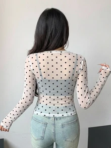 DAZY 女款透視蕾絲圓領修身套頭T恤上衣 秋季 - 白色 - 查看 5