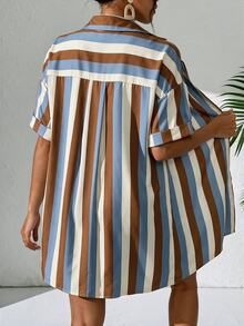 Swim Lushoire Women Solid Short Sleeve Kimono Beach Cover Up, Summer Loose Beach Shirt - Brown - View 2