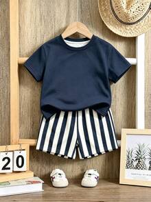 Baby Boy Casual Simple T-Shirt Set Suitable For Summer With Cartoon Pattern - Multicolor - View 4