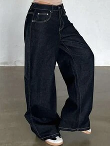 Dazy Plus Plus Size Letter Rhinestone Decor Casual Button Pocket Denim Jeans - Dark Wash - View 2
