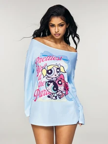 THE POWERPUFF GIRLS X SHEIN Women's Letter Print Drop Shoulder Long Sleeve Casual T-Shirt - Baby Blue - View 5