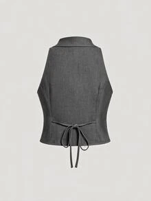 SHEIN MOD 大尺碼優雅商務正式缺口領背心與長褲兩件套，適合秋冬通勤與日常穿著 - 深灰色 - 查看 6