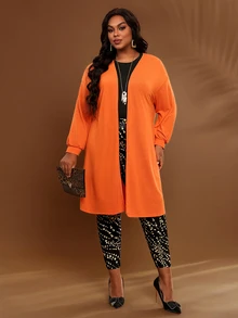 BrightlyHer Jaket Kasual Gaya Barat Lengan Panjang Warna Merah Polos Ukuran Besar dengan Bukaan Depan untuk Musim Gugur 2026, Cocok untuk Hari Thanksgiving, Halloween, dan Acara Klub Bisnis. - Burnt Orange - View 7