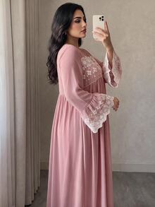 Al Najma Plus Size Women's French Embroidery Arabic Style Dress - Pink - View 4