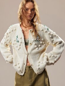 SHEIN Handmade 3D Pom Pom Floral Embroidered Chunky Knit Cardigan, Off-White Round Neck Loose Petal Sleeve Knitted Jacket - Apricot - View 7