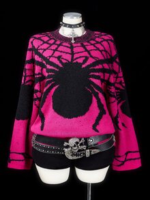 Sunspun Plus Size Women's Spider Pattern Round Neck Long Sleeve Casual Sweater Winter - Multicolor - View 1