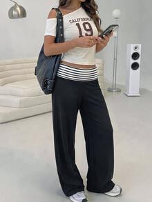Aloruh 女款黑白條紋對比腰部設計優雅性感日常通勤居家約會晚餐休閒時尚低腰繫帶長褲秋季 - 黑色 - 查看 3