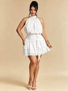SHEIN BAE Plus Size Women Minimalist Sexy Pleated Ruffle Hem Halter Neck Dress - White - View 1