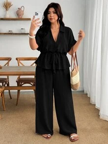 Enliva Plus Size Women Sand Linen Two Pieces Set Tie Waist Shirt Wide Leg Pants Vacation - Black - View 6