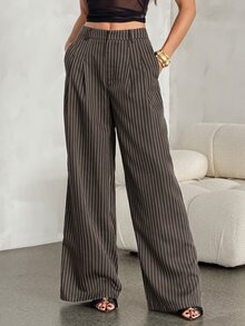 SHEIN Tall 女款休閒通勤條紋寬腿長褲 - 咖啡棕 - 查看 4