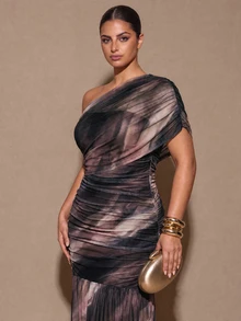 SHEIN BAE CURVE 大尺碼女款紮染單肩抓皺優雅長洋裝 秋季 - 彩色 - 查看 7