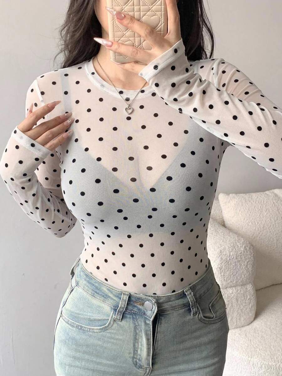 DAZY 女款透視蕾絲圓領修身套頭T恤上衣 秋季 - 白色 - 查看 1