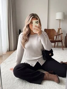 Vionelle Plus Size Fashion Beige Round Neck Long Sleeve Pullover Sweater With Split Hem Design, Casual Versatile Commute Work Life Autumn/Winter Top - Apricot - View 4