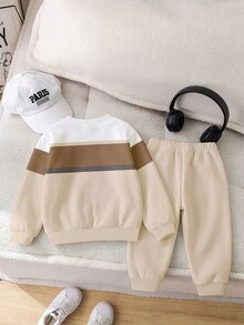2pcs Toddler Apricot Crown NY Letter Print Fleece Crew Neck Sweatshirt And Matching Print Sweatpants Set, Colorblock Striped, Sports Outdoor Casual, Suitable For Autumn/Winter - Multicolor - View 4