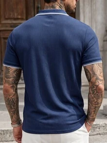Manfinity CasualCool 男士時尚休閒短袖 Polo 衫，男士針織提花上衣，條紋短袖 Polo 衫，復古風格，日常休閒穿著 - 藍色 - 查看 2
