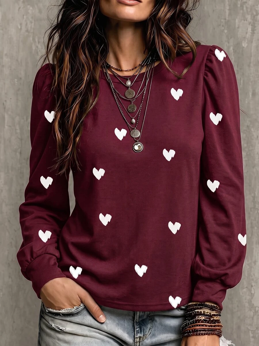 Trelyra Fashion Basic Retro Colorblock Red Base White Heart Print Round Neck Puff Long Sleeve T-Shirt - Multicolor - View 1