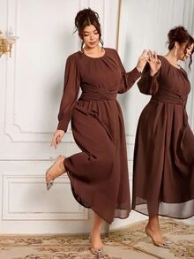 Modelyn Women's Elegant Gentle Style Round Neck High Waist Cross Knot Cinched Waist Draped Flowy Soft Plus Size Dress - Coffee Brown - View 4