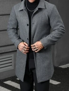 Manfinity CasualCool 男士商務灰色粗花呢單排扣大衣，修身直筒版型，都會商務優雅通勤風 - 灰色 - 查看 3