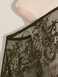 SHEIN ICON 女款大尺碼性感蕾絲單肩不對稱下擺罩衫上衣 - 軍綠色 - 查看 7