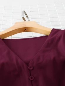 Rusticease Plus Size Solid Burgundy V-Neck Long Sleeve Button Front Casual Shirt Fall Winter 2026 - Burgundy - View 4
