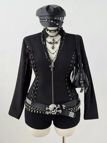 Sunspun Plus Size Dark Style Eyelet Webbing Patchwork Open Front Zipper Long Sleeve Shirt Fall - Black - View 4