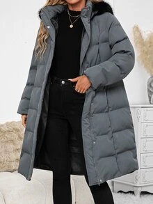SHEIN Clasi Women's Winter Warm Button Long Sleeve Pockets Padded Coat - Grey - View 7