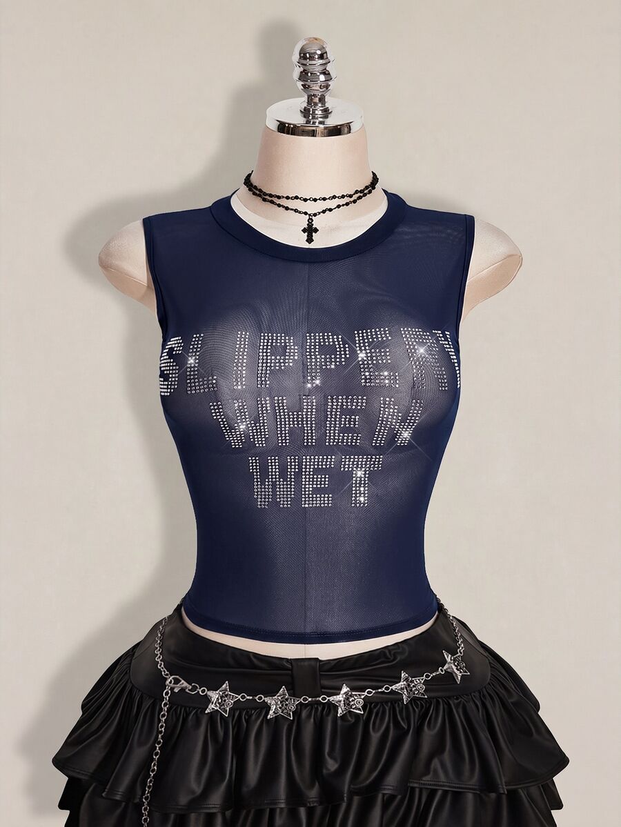 SHEIN ICON 大尺碼 Y2K 夏季黑色性感透視網紗水鑽亮片露背修身背心(附水鑽字母裝飾) - 藏蓝色 - 查看 1