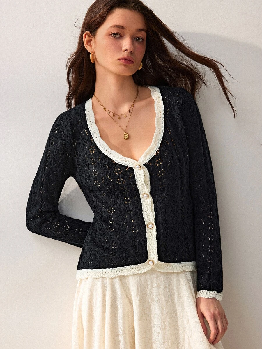 Willow Rêve Women's Black Fitted Cardigan, Cable Knit Hollow Out, Contrast Crochet Trim And Pearl Button Design, Western Romantic Style, Suitable For Autumn Wedding And Party Wear - Black and White - View 1