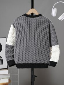 SHEIN 兒童青少年男孩休閒圓領拼色秋冬毛衣，適合通勤、上學、日常穿著、休閒外出與運動 - 灰色 - 查看 3