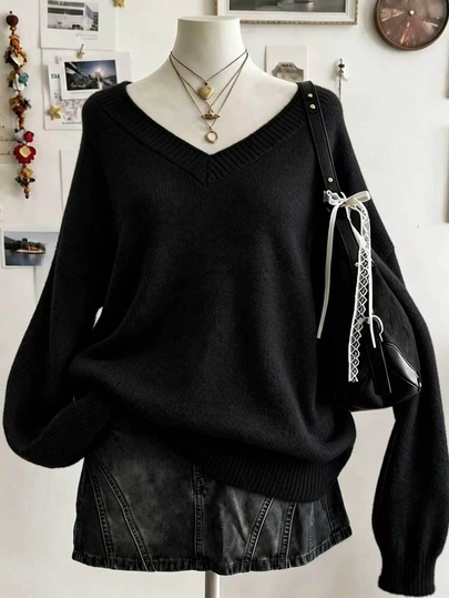 Lalippa Sweater Longgar Leher V Warna Polos Kasual Serbaguna untuk Wanita