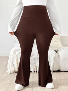 Plussiva Plus Size Maternity Casual Versatile Solid Color Flare Pants - Brown - View 2