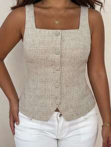 Dazy Plus Solid Color Fitted Square Neck Sleeveless Vest Elegant Vacation Top - Apricot - View 5