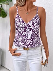 SHEIN Clasi 女款蕾絲休閒百搭日常細肩帶背心上衣 - 中紫紅色 - 查看 4