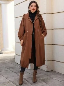 EMERY ROSE Jaket Panjang Kasual Berkerudung Wanita Ukuran Besar Warna Polos dengan Bahu Longgar dan Tali Serut di Pinggang - Coklat - View 5
