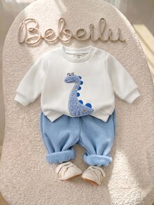 SHEIN 新生兒可愛卡通貼布繡針織衛衣與鬆緊腰長褲套裝 - 白色 - 查看 3