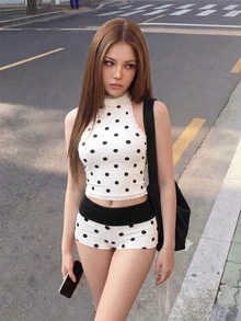 Sweetina Women's 2 Pieces Set: Slim Fit Polka Dot Print Contrast Color Backless Tank Top And Folded Waist Shorts - White - View 6