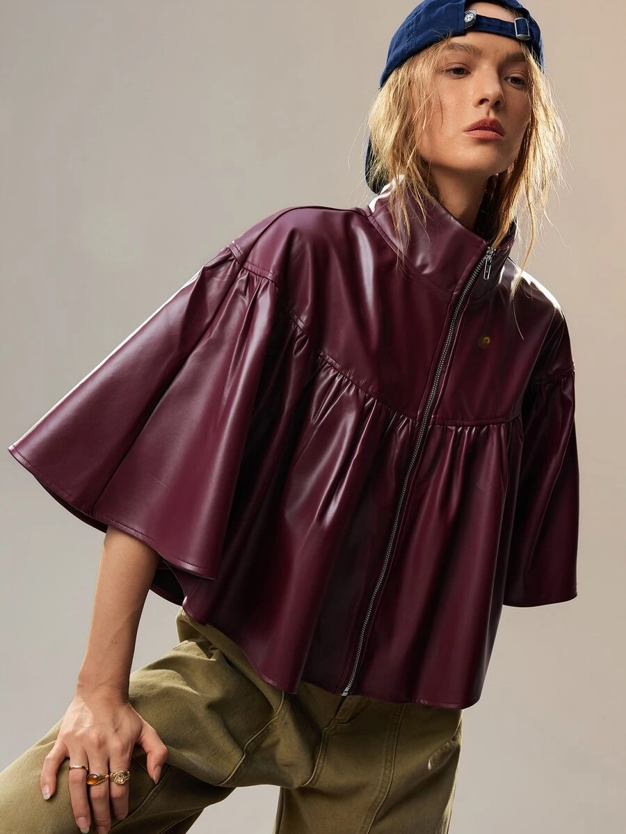 SHEIN 女款立領優雅荷葉邊中袖拉鍊開襟衫,寬鬆顯瘦時尚復古百搭短版夾克 - 酒紅色 - 查看 1