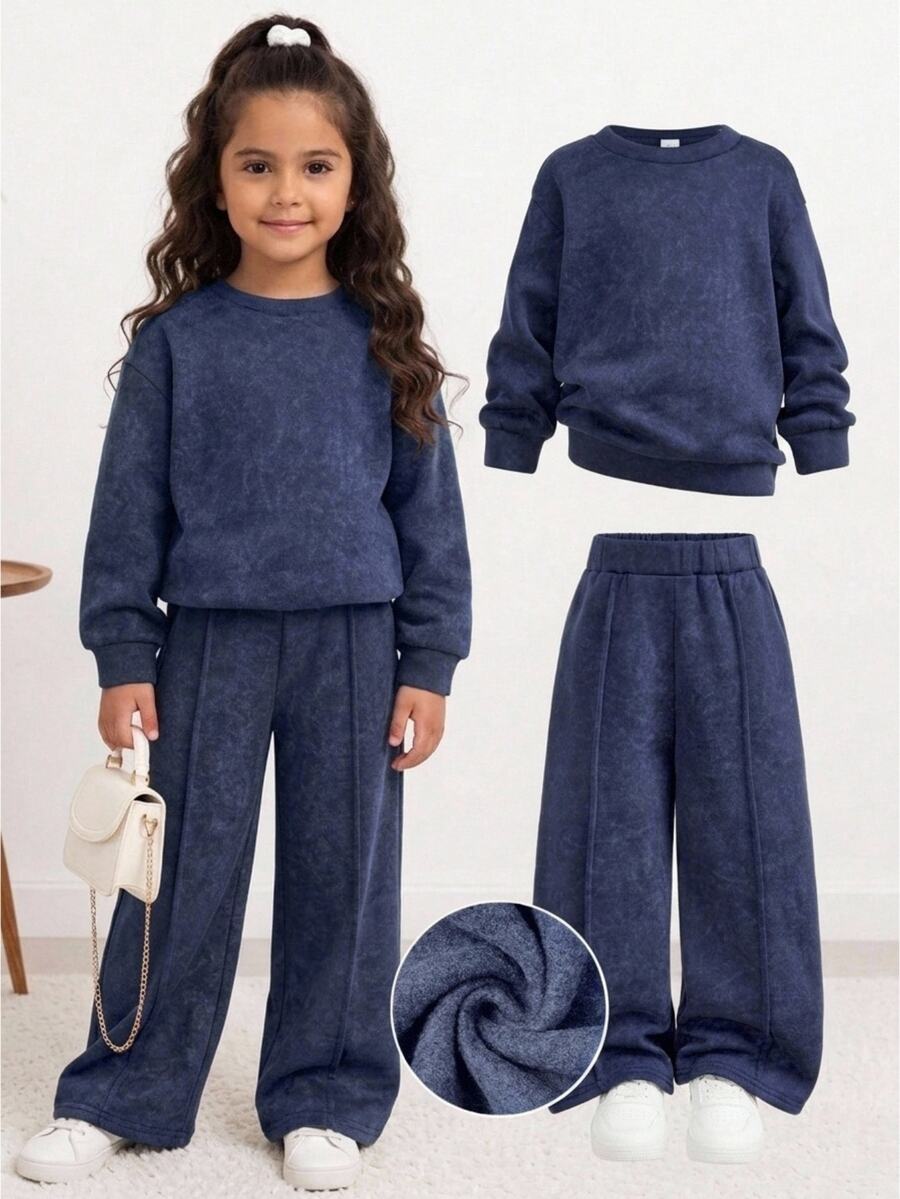 Young Girl Kids Autumn/Winter New Sweatshirt Set,Casual Versatile For Streetwear,Fall Style,Pullover,Fall Clothes,Halloween,Back To School Season - Blue - View 1