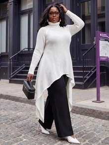Slaydiva Plus Size Women's Knit Tunic, Turtleneck Hollow Asymmetric Hem Long Knit Layering Top Winter - Apricot - View 6
