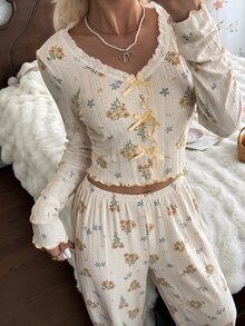 CottageSlumber Soft French Ditsy Floral Pajama Set, V-Neck Button Bow Long Sleeve Long Pants Loungewear - Yellow - View 7