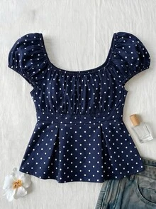 SHEIN Tween Girl White With Black Polka Dot Ruffle Short Sleeve Square Neck Floral Top Suitable For Vacation, Outing, Travel, School And Other Occasions Random 3 Items Send 1 Item - Navy Blue - View 5