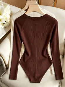 SHEIN Franclia Fall/ Bodysuit Innerwear Casual Everyday Comfortable Fabric Basic Round Neck Long Sleeve Chocolate Brown Beige Social Formal Festival Outfits House - Multicolor - View 2